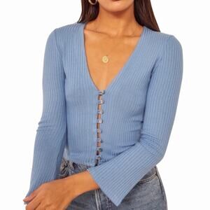 Reformation Blue Gellar Ribbed Long Sleeve Cropped Cardigan Size XXS